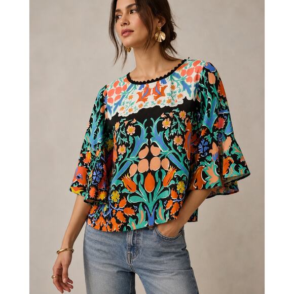Maeve by Anthropologie Tops - Maeve by Anthropologie Folk art Kimono Top Silk art to wear Indie Hippie SZ 2
